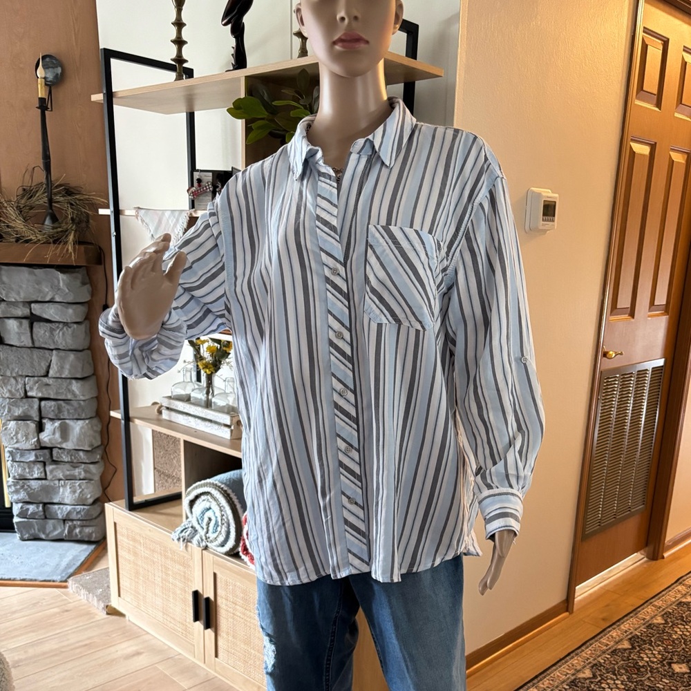 TENCIL NWT LG Westbound Woman Stripe Button Down Roll-Tab Sleeve Shirt Top